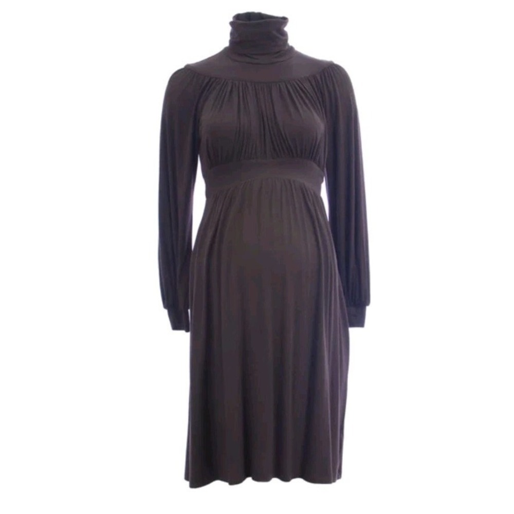 OLIAN Maternity Women's Long Sleve‎ Turtleneck Gathered Dress X-Small Brown